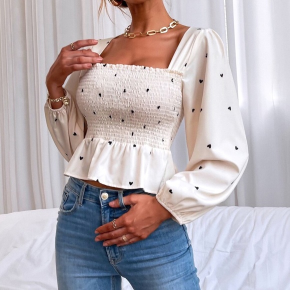 Boho Heart print Square Neck Peplum Top Beige - Picture 4 of 7